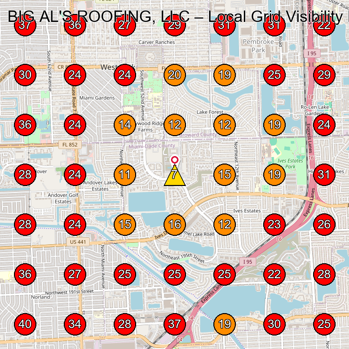 BIG AL'S ROOFING, LLC GeoGrid visibility map for Roofing Contractor in Hollywood